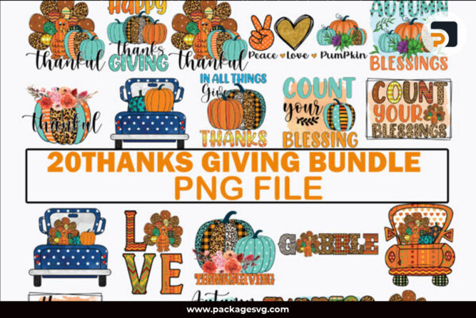 Thanksgiving Bundle PNG, 20 Autumn Designs, Printable on T-Shirt