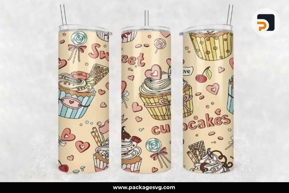 Valentine Sweet Cupcaker PNG, 20oz Skinny Tumbler Template