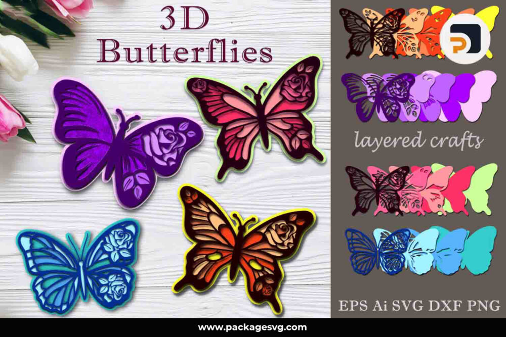 3D Butterflies Papercut Bundle, 4 Designs Layer Cricut