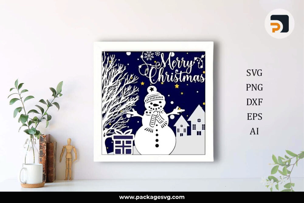 3D Snowman Shadow Box SVG, Merry Christmas Template For Cricut