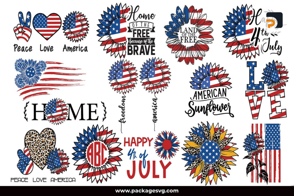 America Sunflower SVG Bundle, 15 Designs 4th of July SVG