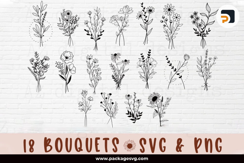 Bouquet Flowers SVG Bundle, 20 Wildflowers Designs