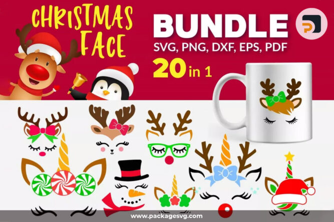 Christmas Face SVG Bundle, 20 Designs