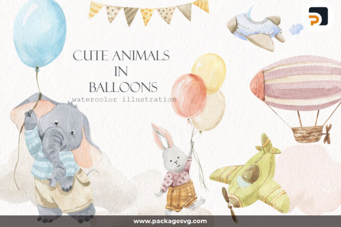 Cute Animals With Balloons PNG