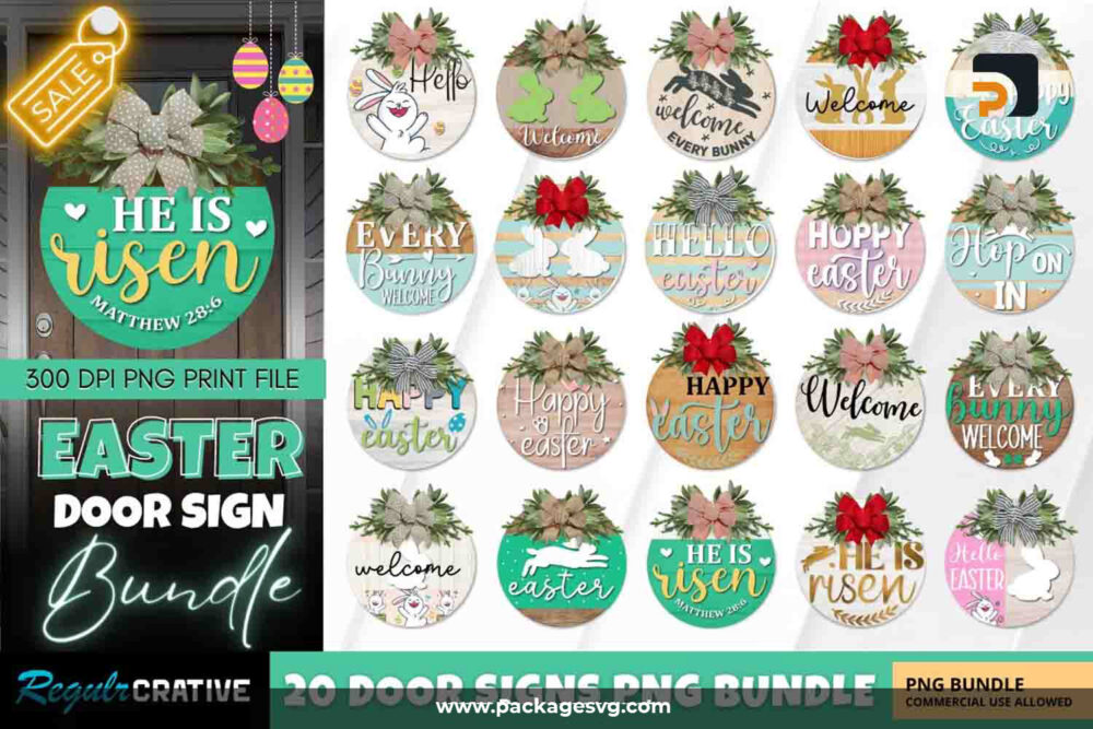 Easter Round Sign Bundle, 20 PNG Files