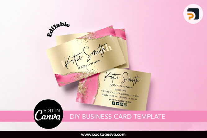 Pink Agate Business Card Canva Template, Editable Pink Gold Agate Business Card