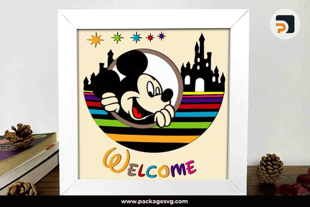 Welcome Mickey Mouse Shadow Box SVG, 3D Castel Papercut Template