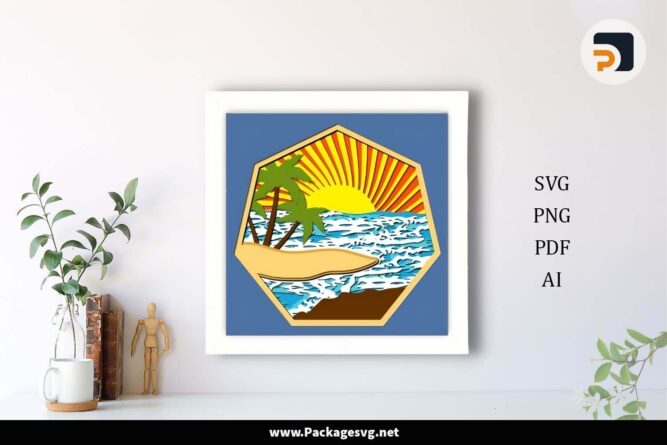 3D Beach Scene Shadow Box, Sunrise Template For Cricut LHBBKAJ1