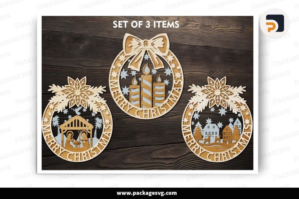 3D Christmas Ornaments Layered, Set of 3 Wreath Template For Cricut LHZOC5RU