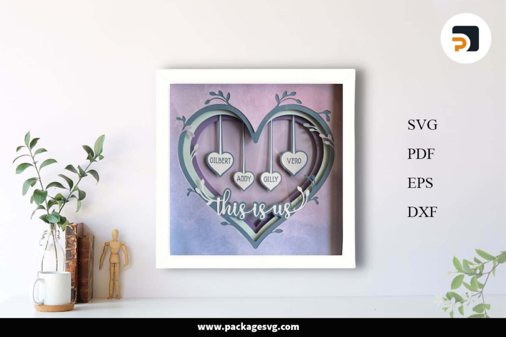 3D Family Heart Shadow Box, Custom Names Family Tree Layered Digital Download LEIDXGDB