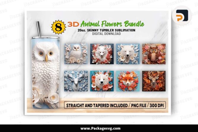 3D Animal Flowers Bundle, 8 Templates 20oz Tumbler Wrap LIXUK76X