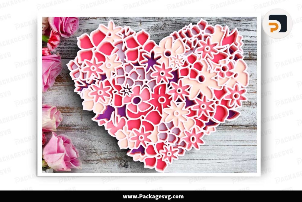 3D Layered Mandala Floral Heart, SVG Template For Cricut LJ578JKR