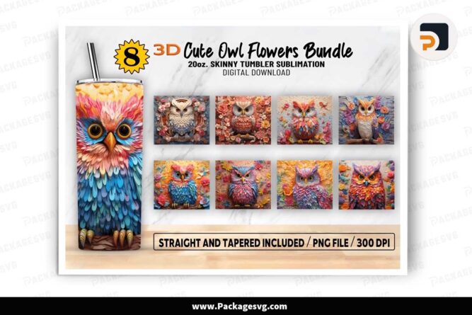 3D Owl Flowers Design Bundle, 8 Templates 20oz Tumbler Wrap LJ3QSHD7