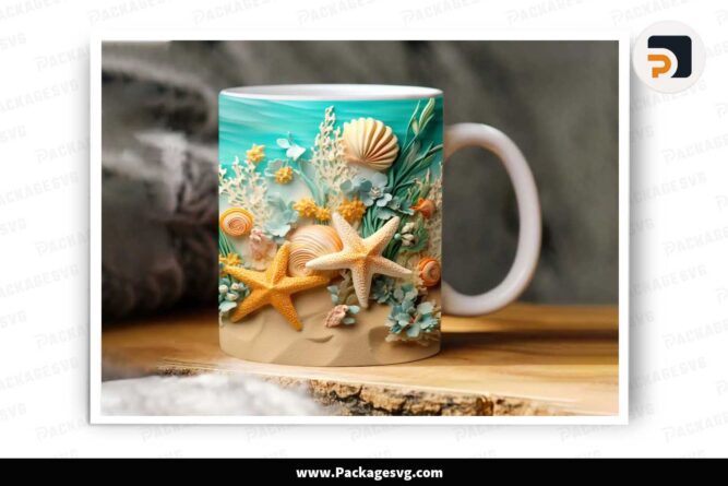 3D Seashells Beach Mug, 11oz and 15oz Mug Sublimation Wrap LJGI5FRK