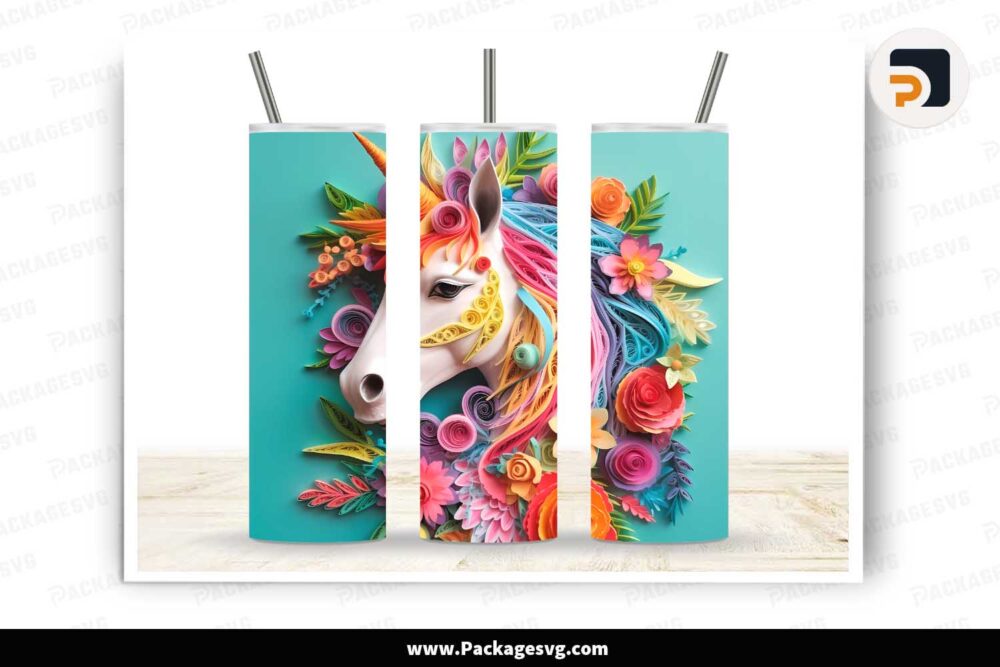 3D Unicorn Flowers Quilling, 20oz Tumbler Wrap Template LIY2JRSZ