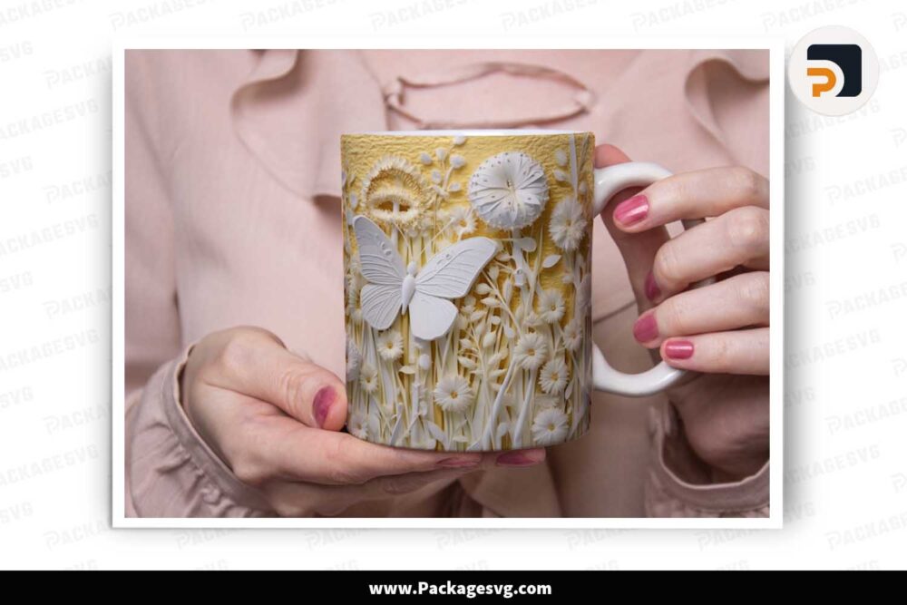 3D White Butterfly Flowers Mug, 11oz and 15oz Mug Sublimation Wrap LJGL0FCC