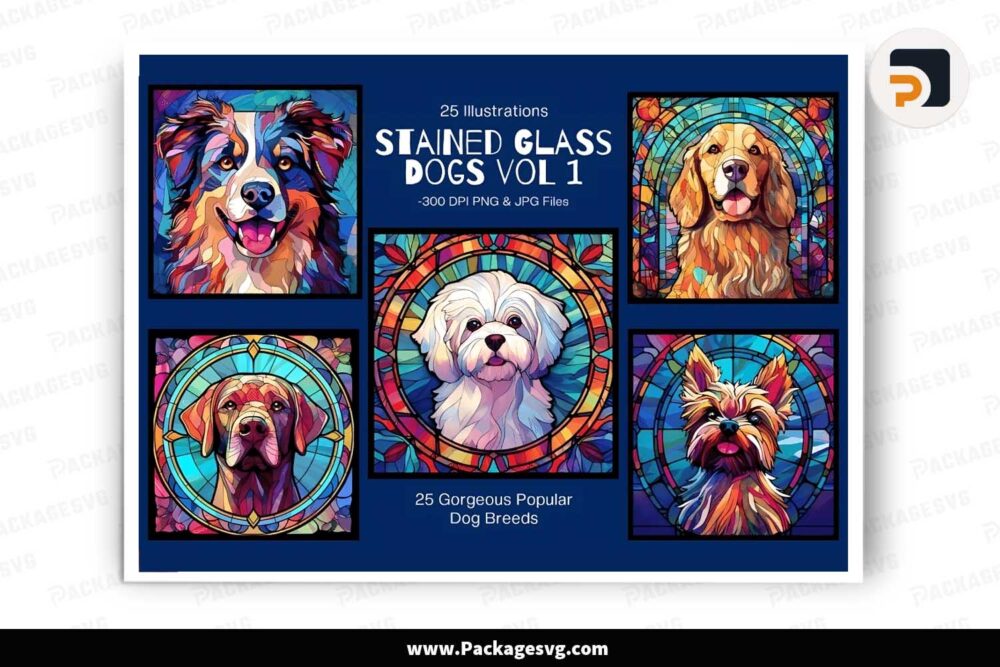 Stained Glass Dog Breeds Bundle, 25 Card Designs LIYEDXTH