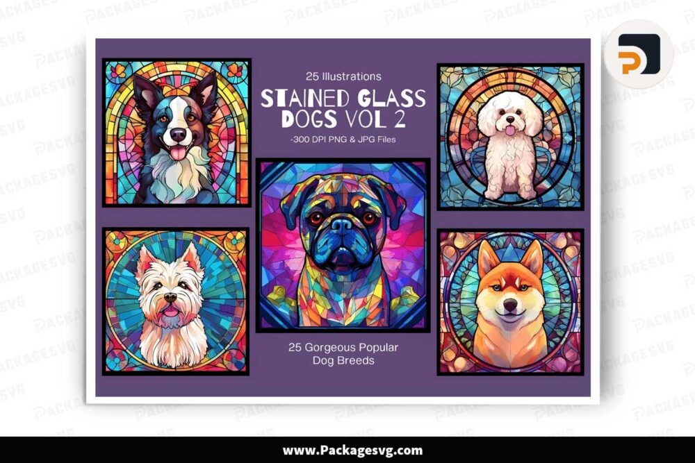 Stained Glass Dog Breeds Bundle, 25 Card Designs LJ3L4RPY