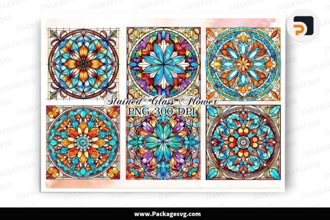 Stained Glass Flower Bundle, 6 Square Coaster Designs LJ44OMQD