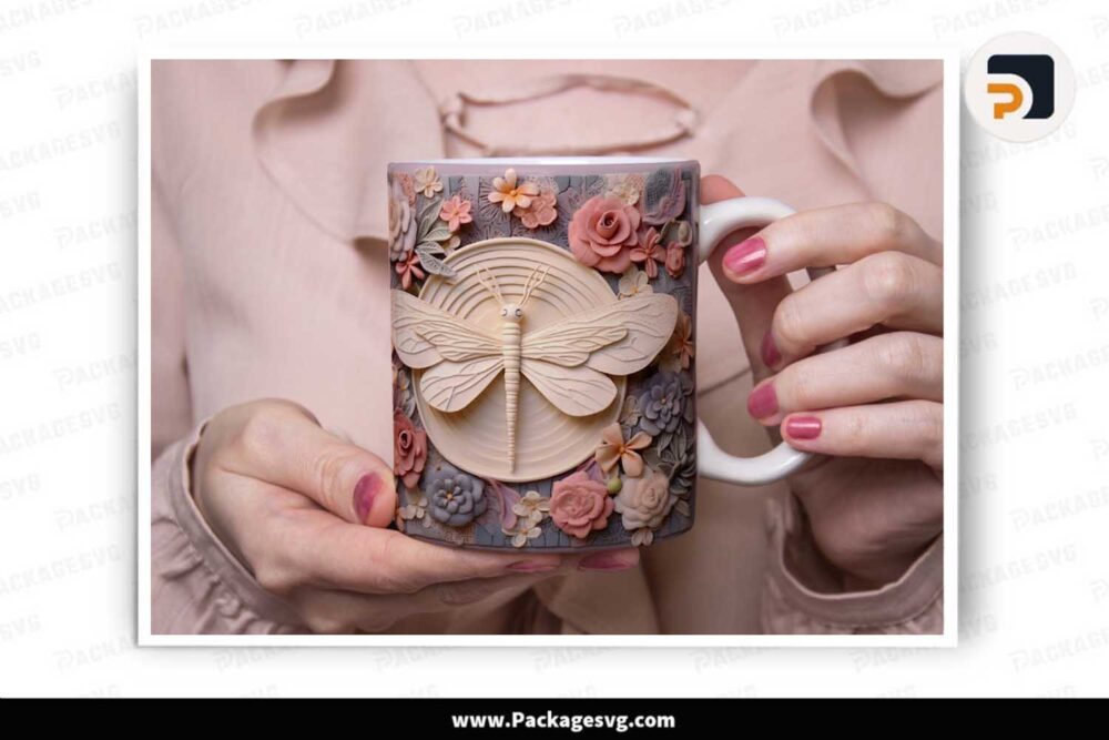 3D Flowers Dragonfly Template Mug, 11oz and 15oz Mug Wrap LKRSDKG1