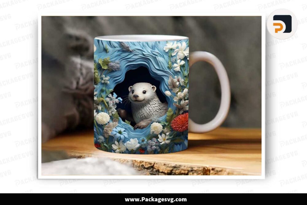 3D Otter Cracked Hole Mug Wrap PNG, 11oz And 15oz Mug Sublimation Wrap LKKKT08B