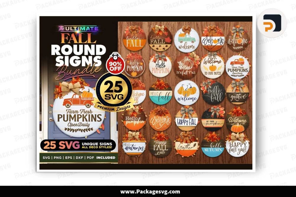 FALL Round Signs Bundle, 25 Door Sign SVG LKNBNYVG