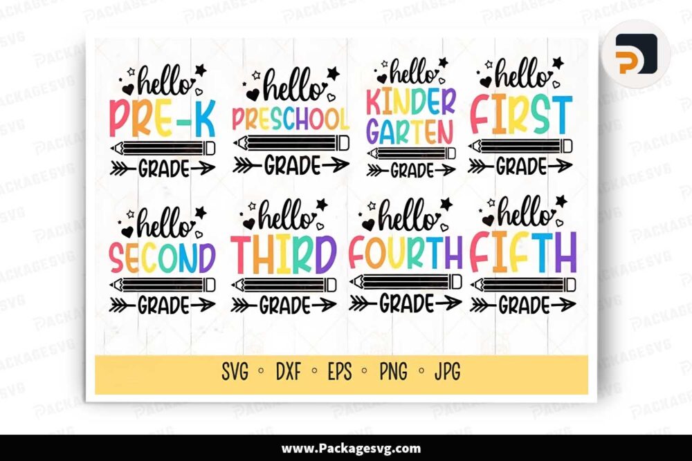 Hello School Grade SVG Bundle, 8 Back to School Designs LKC7J5G1