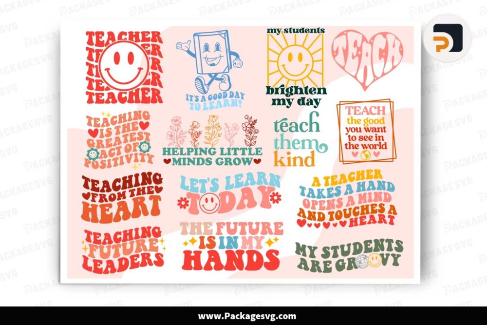 Retro Groovy Teacher Bundle, 14 School SVG Designs