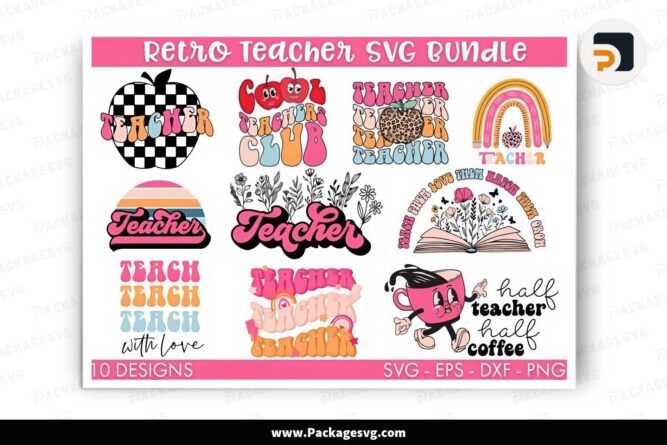 Retro Teacher SVG Bundle, 10 School Shirt Designs LKCD4K01