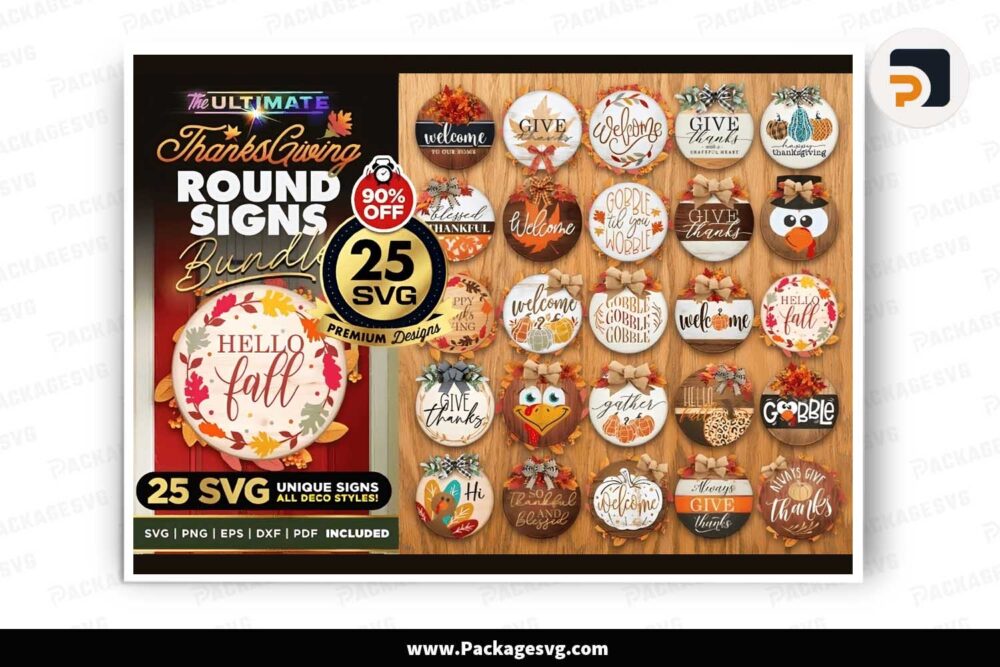 ThanksGiving Round Signs Bundle, 25 Door Sign SVG LKNBBQRX