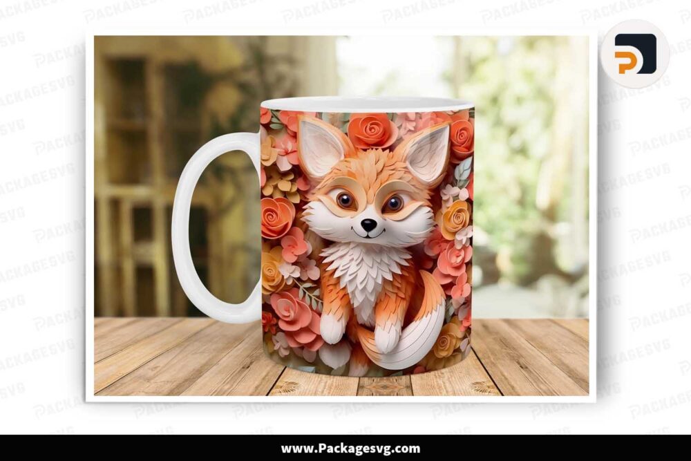 3D Baby Fox Flowers Sublimation PNG, 11oz 15oz Mug Wrap LLM0SFG2