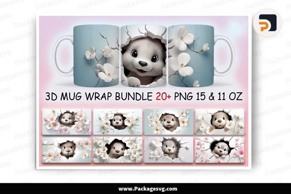 3D Baby Otter Sublimation Mug Bundle, 20 PNG 11oz 15oz Mug Wrap LLBYOFCB