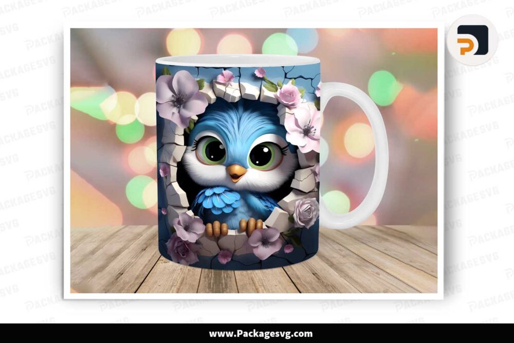 3D Baby Owl Hole In A Wall PNG, 11oz 15oz Mug Wrap LLND26K0