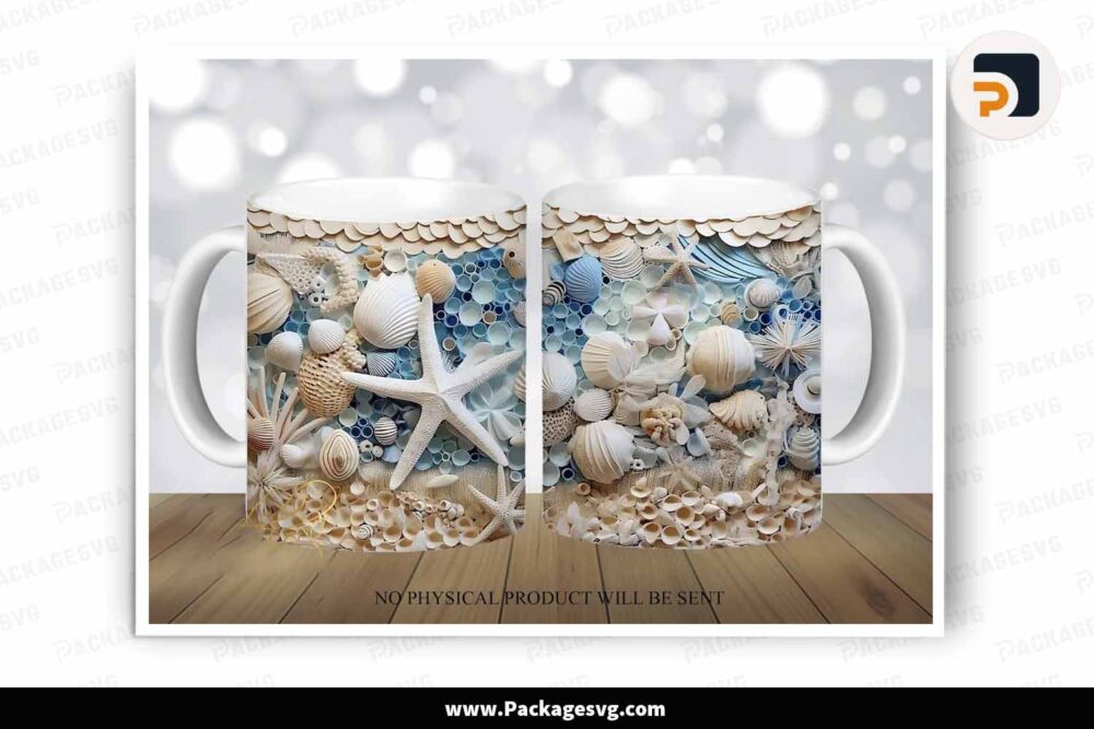 3D Beach Seashells Sublimation Design, 11oz 15oz Mug Wrap LLGBSDCM