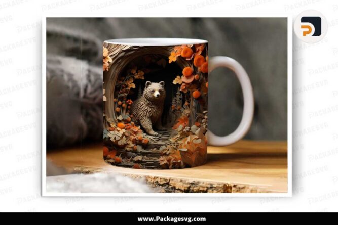 3D Bear Fall Vibes Sublimation PNG, 11oz 15oz Mug Wrap LLKO0QO8