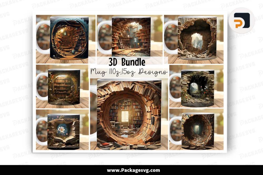 3D Bookshelf Mug Bundle, 8 Designs 11oz 15oz Mug Wrap LLEI797L