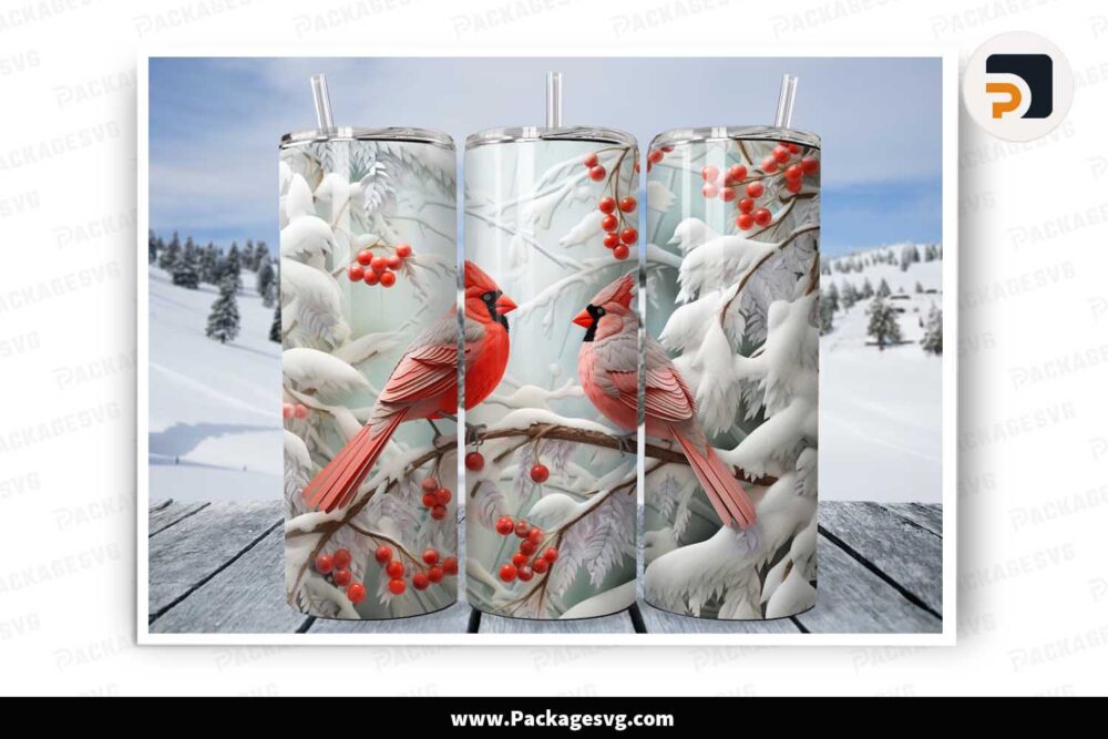 3D Cardinals Winter Scene PNG, 20oz Skinny Tumbler Wrap LLUBLUMG