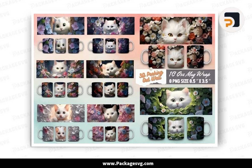 3D Cat Peeking out Wall Mug Bundle, 8 Designs 11oz Mug Wrap LLBXWZVO