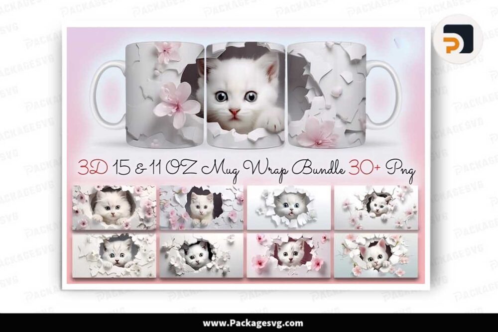 3D Cat Sublimation Mug Bundle, 30 PNG 11oz 15oz Mug Wrap LLBYC0OZ