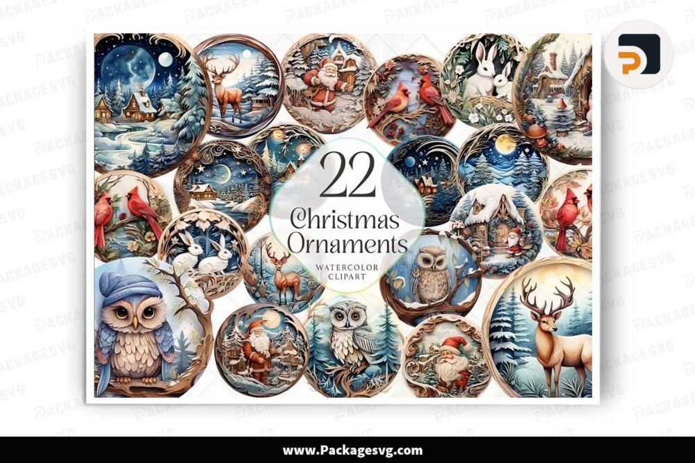 3D Christmas Ornaments Sublimation Bundle, 22 Cliparts PNG LLQ3G19C