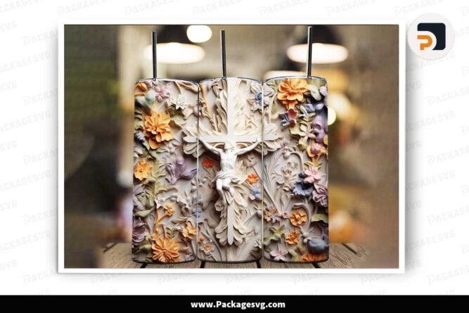 3D Cross Floral Sublimation PNG, 20oz Tumbler Wrap LLM3U1AT