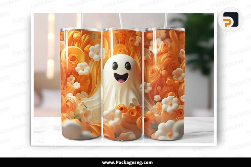 3D Cute Floral Ghost PNG, 20oz Skinny Tumbler Wrap LLUMC9A7