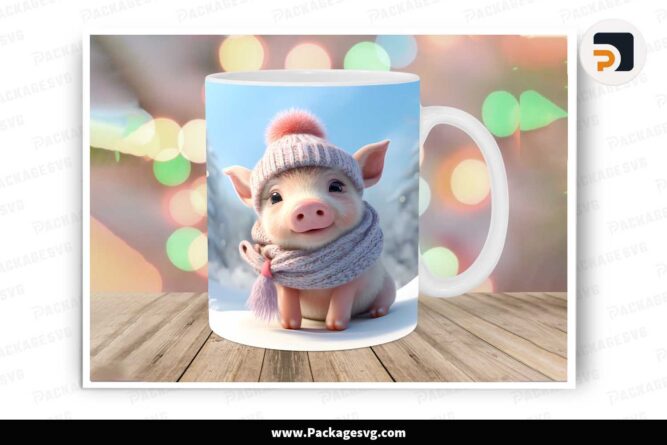 3D Cute Winter Pig Sublimation PNG, 11oz 15oz Mug Wrap LLM47YT0