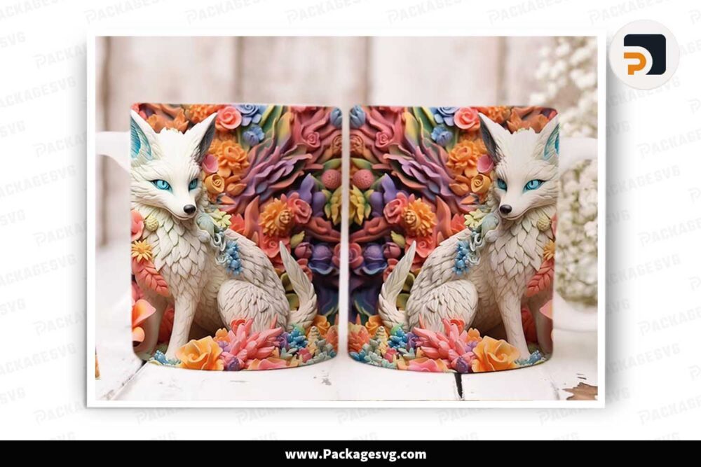 3D Fox Flowers Sublimation PNG, 11oz 15oz Mug Wrap LLM0DYAY