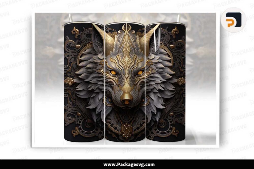 3D Gothic Gold Wolf Sublimation PNG, 20oz Skinny Tumbler Wrap LLLM3VRU