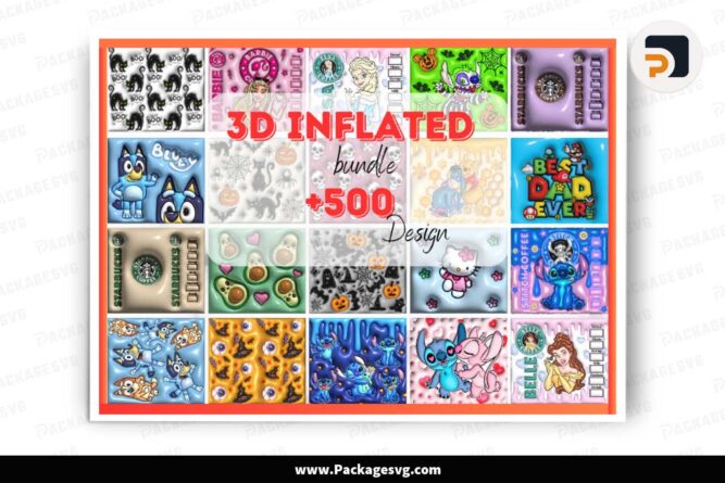 3D Inflated Style Sublimation Bundle, 500+ Designs 20oz Tumbler Wrap LLEIMQDJ