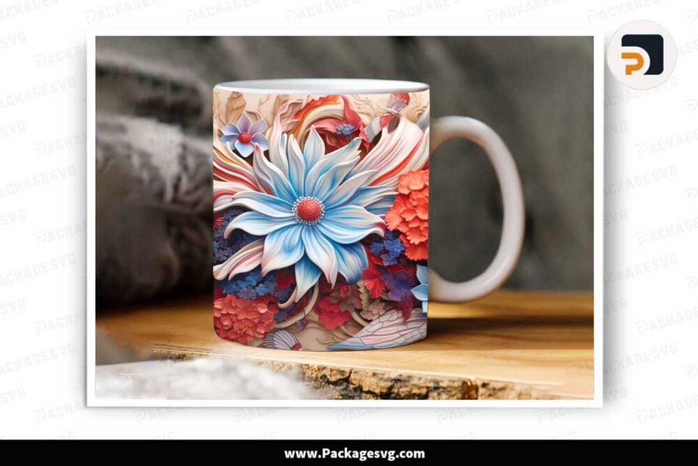 3D Patriotic Flower Sublimation PNG, 11oz 15oz Mug Wrap LLKMNI1U