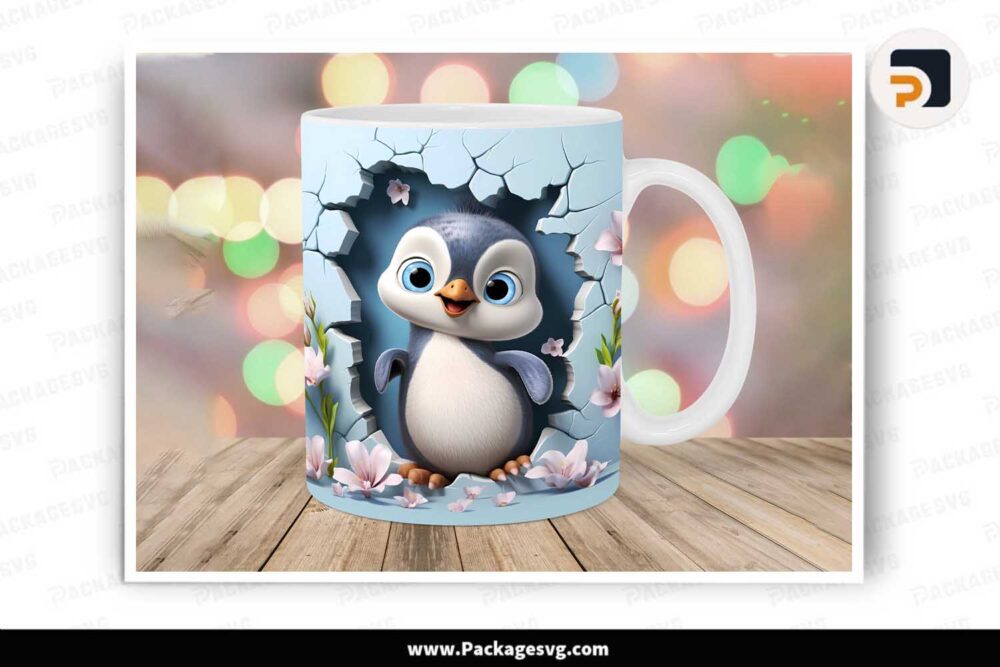 3D Penguin Cracked Hole Mug, 11oz 15oz Mug Wrap Template LLKB0CSV