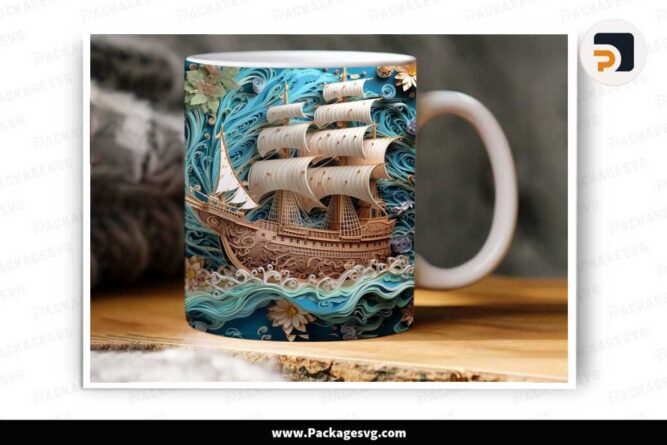 3D Quilling Ship Sublimation PNG, 11oz 15oz Mug Wrap LLKO630H