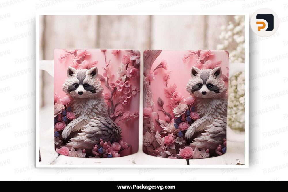 3D Raccoon Spring Flowers Sublimation PNG, 11oz 15oz Mug Wrap LLM17JI1